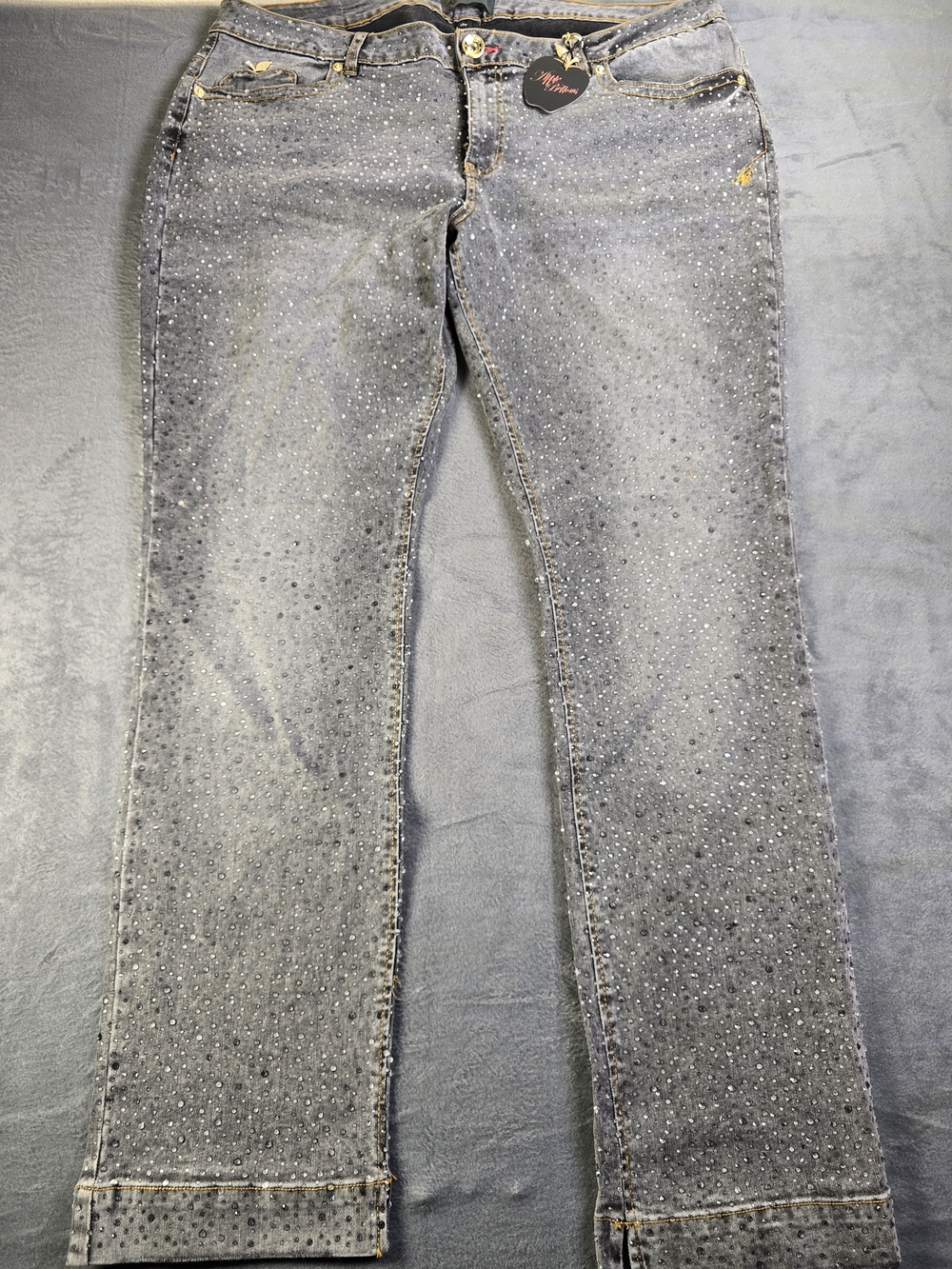 NWT Vintage Y2K Apple Bottoms Jeans Rhinestone Studded Grey Acid Wash Plus 18W
